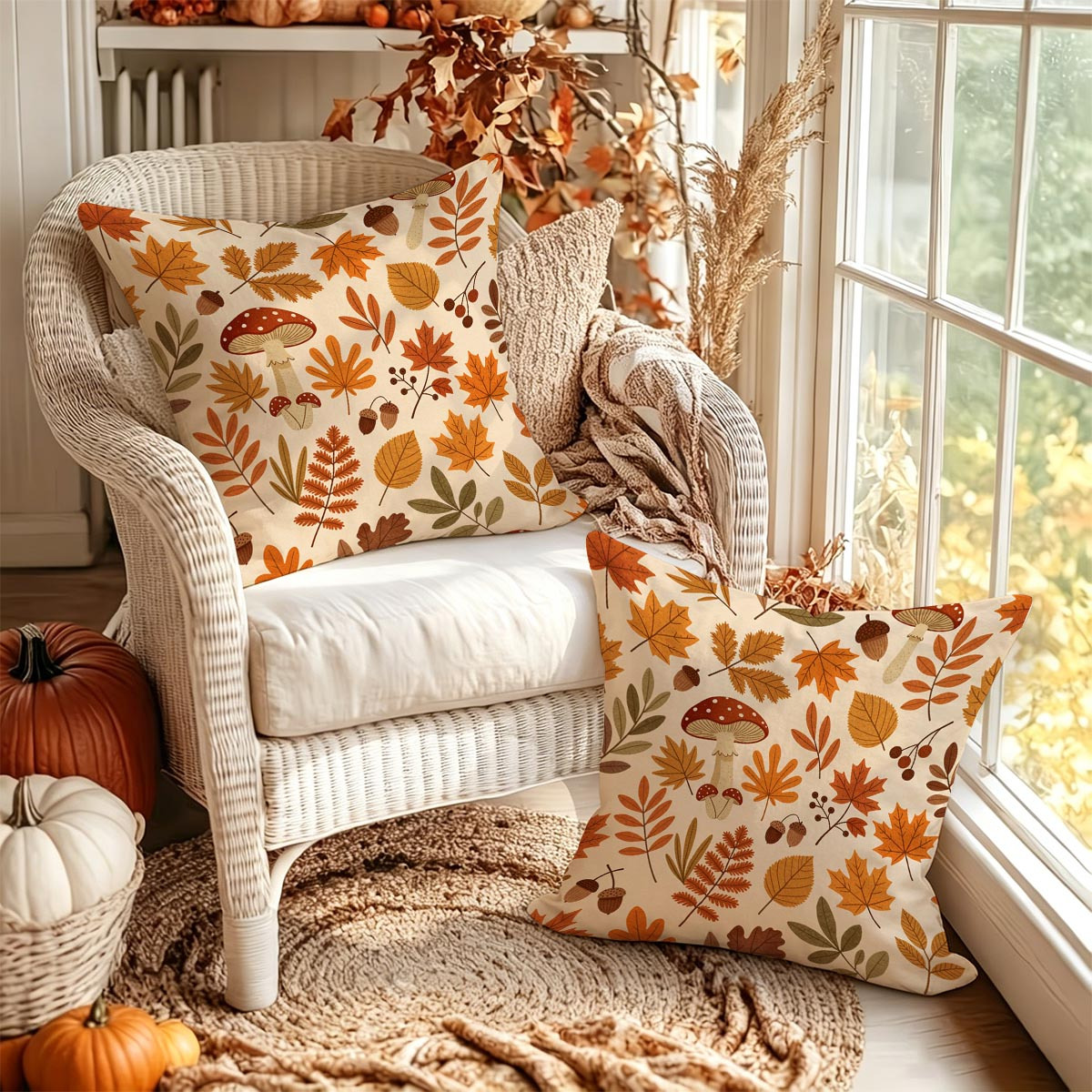 TEMU 2pcs Pillowcase 2d Flat Autumn Falling Leaves And Mushroom Print Pillowcase, High-quality Durable Polyester Fiber, Soft And Comfortable, Vintage
