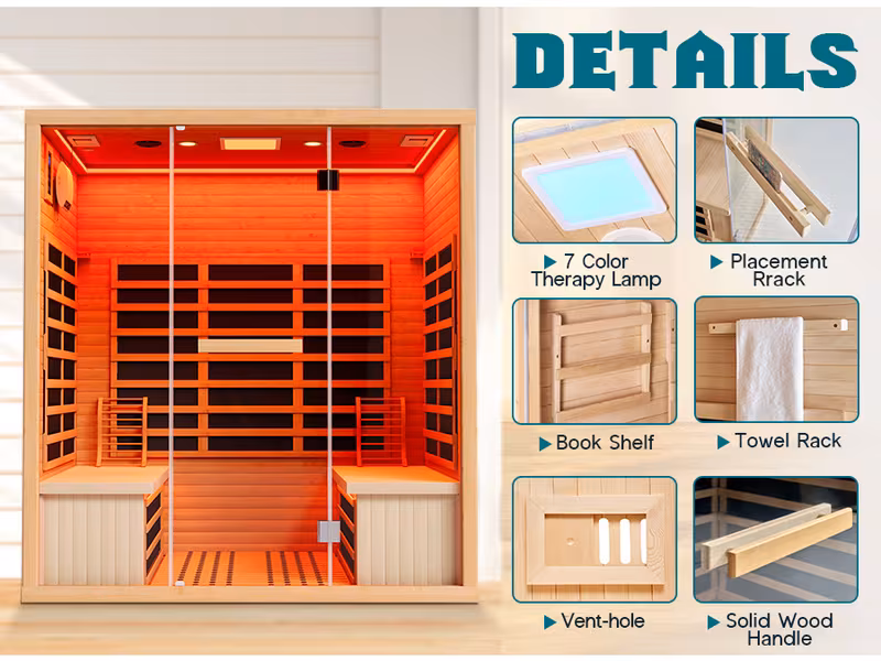 4 person 2145w wood indoor spa with warmer 7 ambient light strips 63 2 x47 2 x75 2 Product details 1