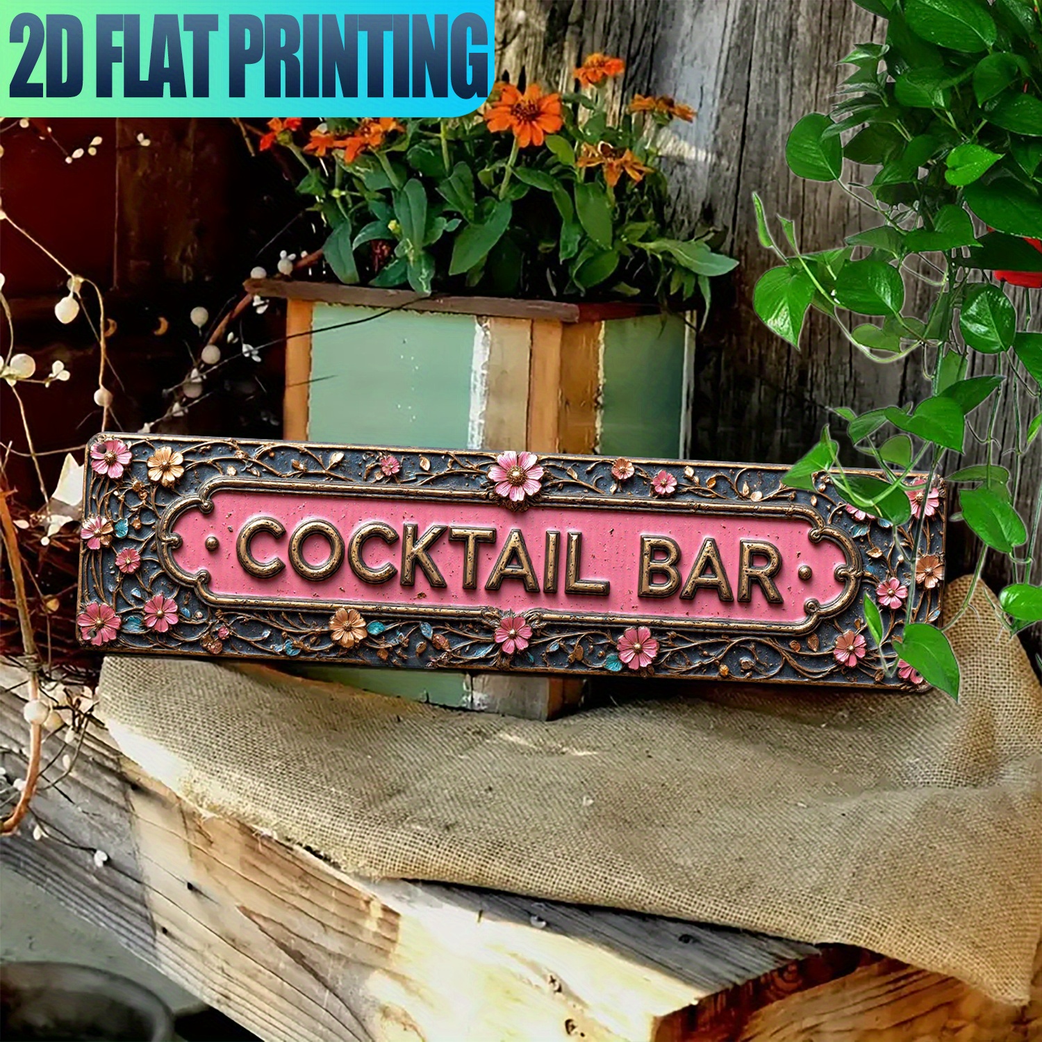 TEMU 2d Flat - A 2d Vintage "pink Floral Decorated Cocktail Bar Sign" Made Of Aluminum - Home, Cottage Decor, And Outdoor Porch Spaces | Unique