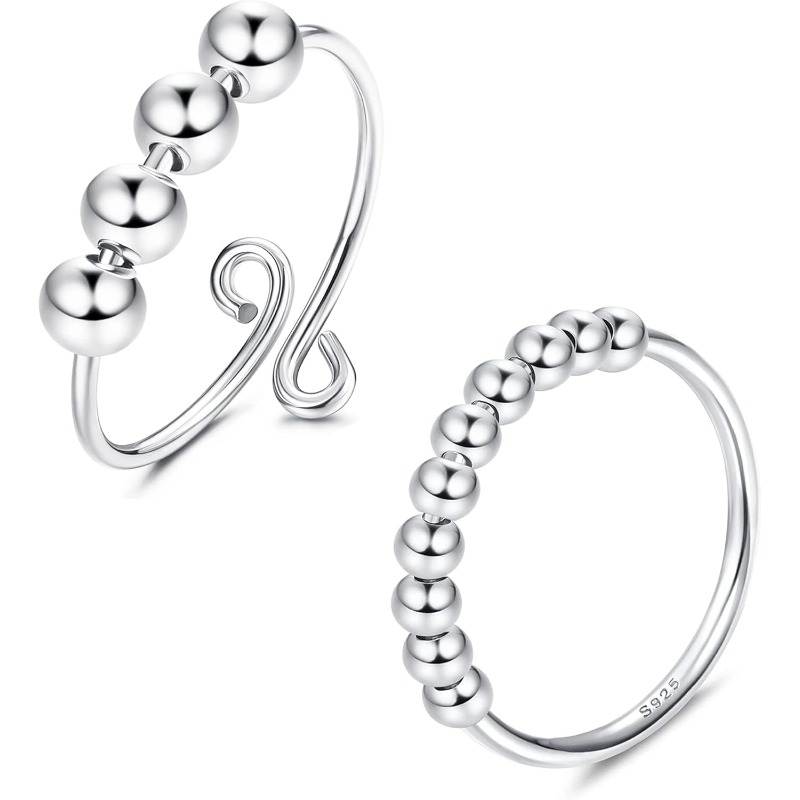 Image of 2pcs Fidget Rings With Beads Spinner Anxiety Anti Stress Ring Stackable Silvery Rose Golden For Mindfulness Focus, For Teenager, For Teenager