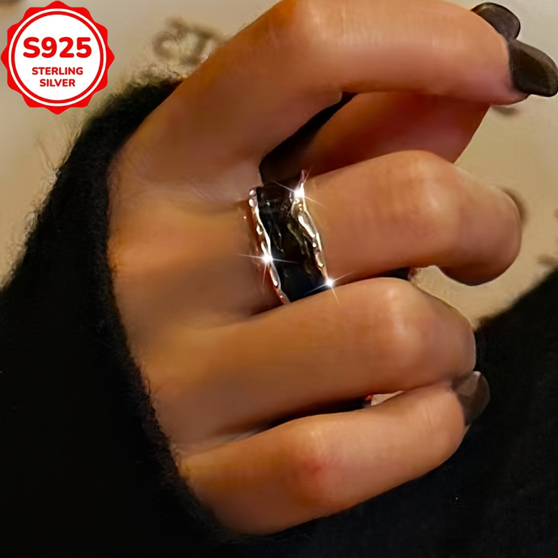 TEMU Un anneau hypoallergénique en argent 925, avec un design rétro noir pour femmes. Cet anneau ouvert un luxe léger à son facile et élégant, ce qui