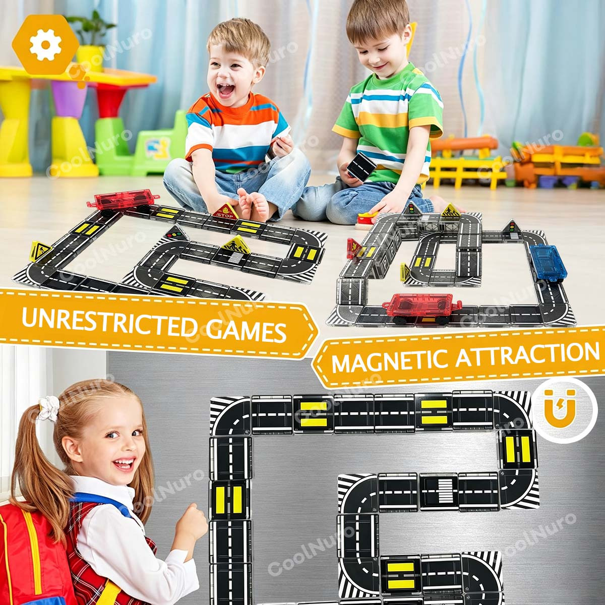 24/44pcs Magnetic Building Blocks Road Set for Kids