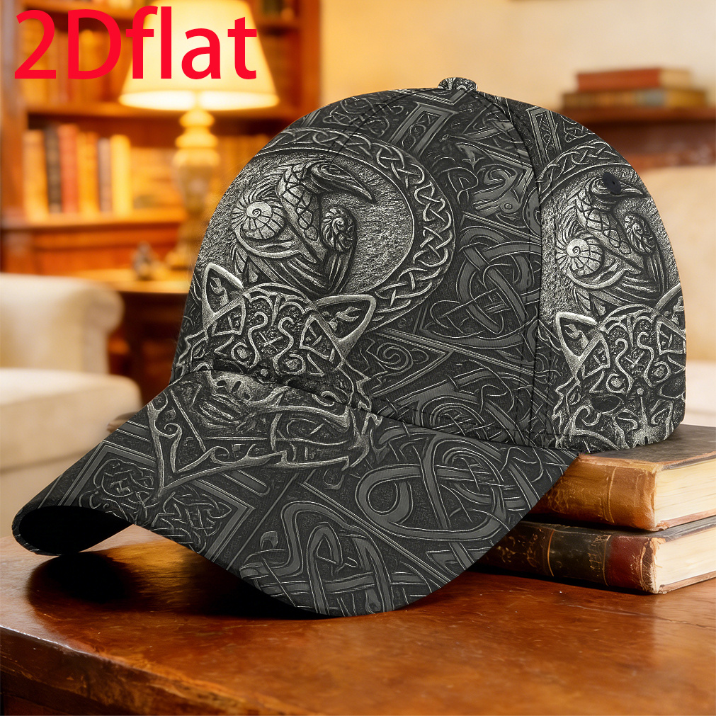TEMU 1pc 2d Flat Celtic Style Wolf And Relief Baseball Cap Full Print Pattern Baseball Cap Packable Foldable Cap Skateboarding Jogging Fishing Trip