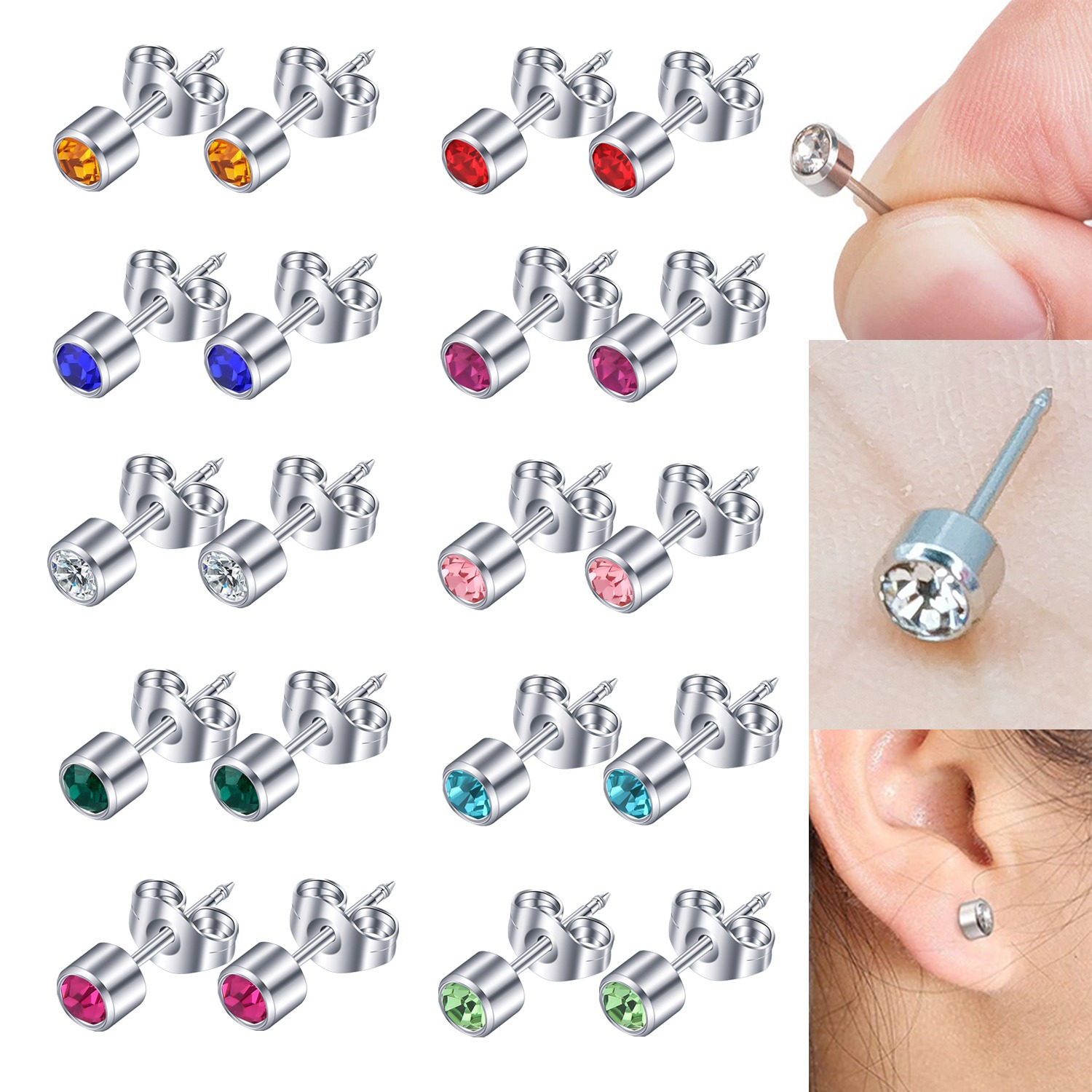 TEMU 10 Pairs 4mm Surgical Stainless Steel Stud Earrings, With Inlay For Daily Wear