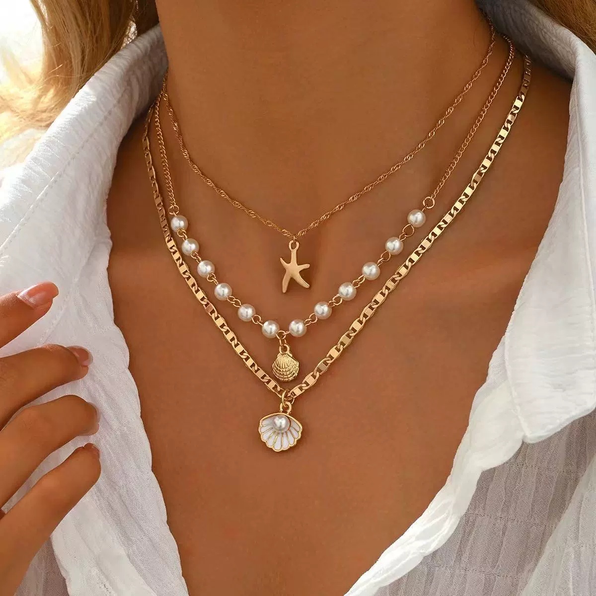 TEMU 3pcs Collier Style Vacances Estivales en , Luxe Léger Élégant Étoile de Mer Artificielle, Artificiel et Chaîne Clavicule, Style Doux, Frais et
