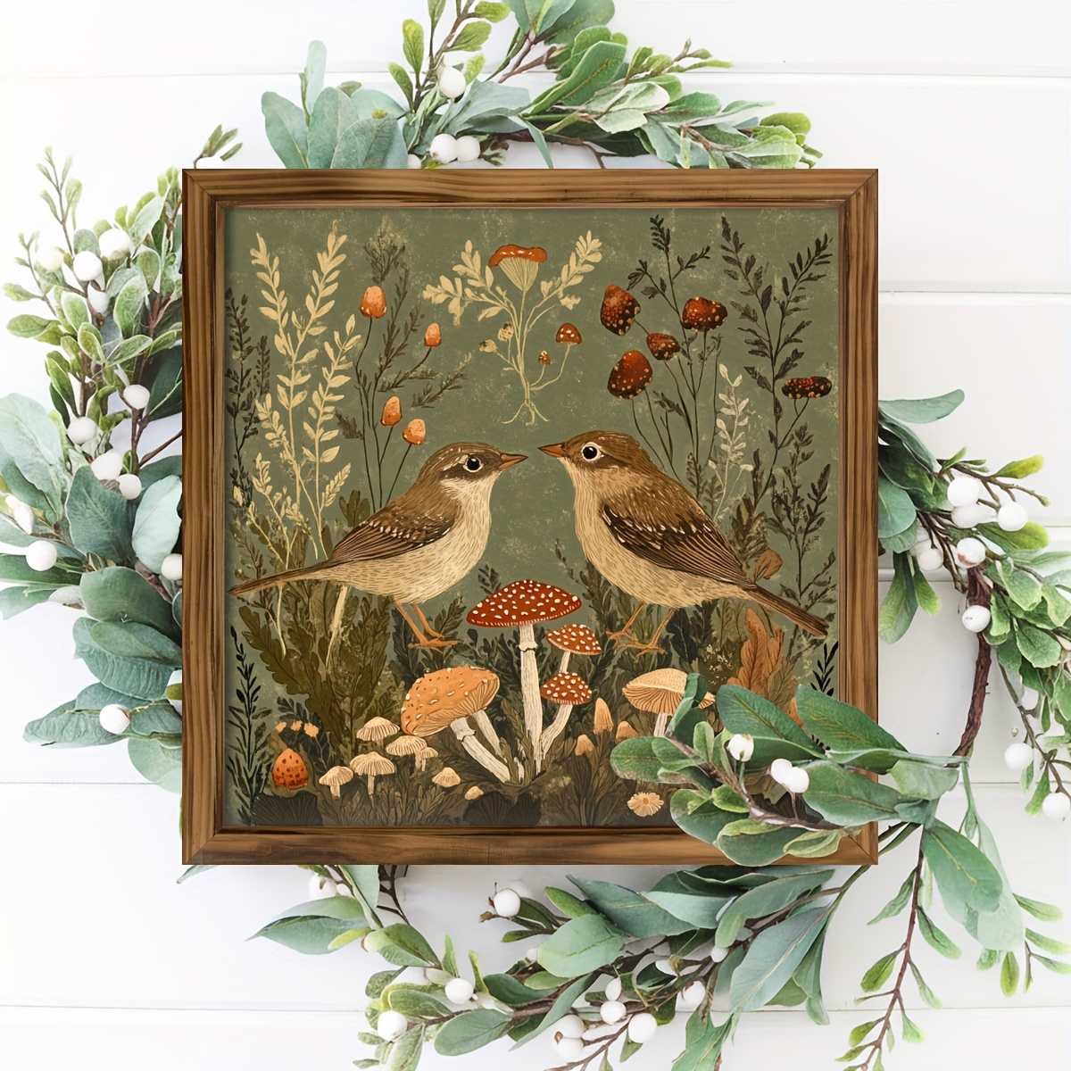 TEMU 1pc Of Farmhouse Style 2 Birds And Mushroom Forest Autumn Theme Framed Wooden Sign Wall Art, Wall Decor, Vintage Style Wall Decor, Suitable For
