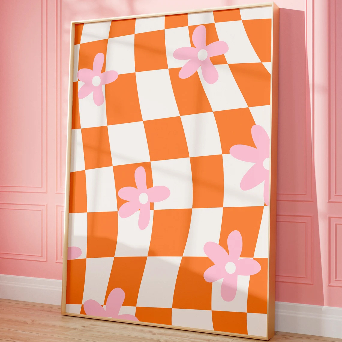 TEMU 2d Flat, 2d Flat, 1pc Wall Decor, A Retro Poster Featuring Wave Checkerboard Design, A Pink And Orange Canvas Painting From The 70s, Offering A