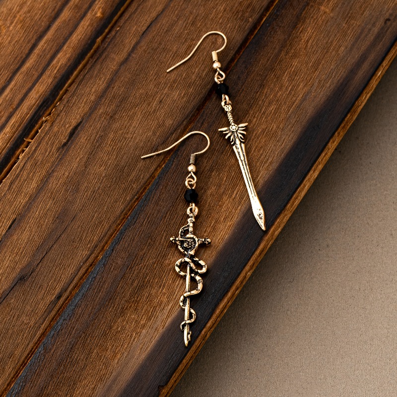 4pcs Gothic Style Serpent-Wrapped Long Sword Earrings Set