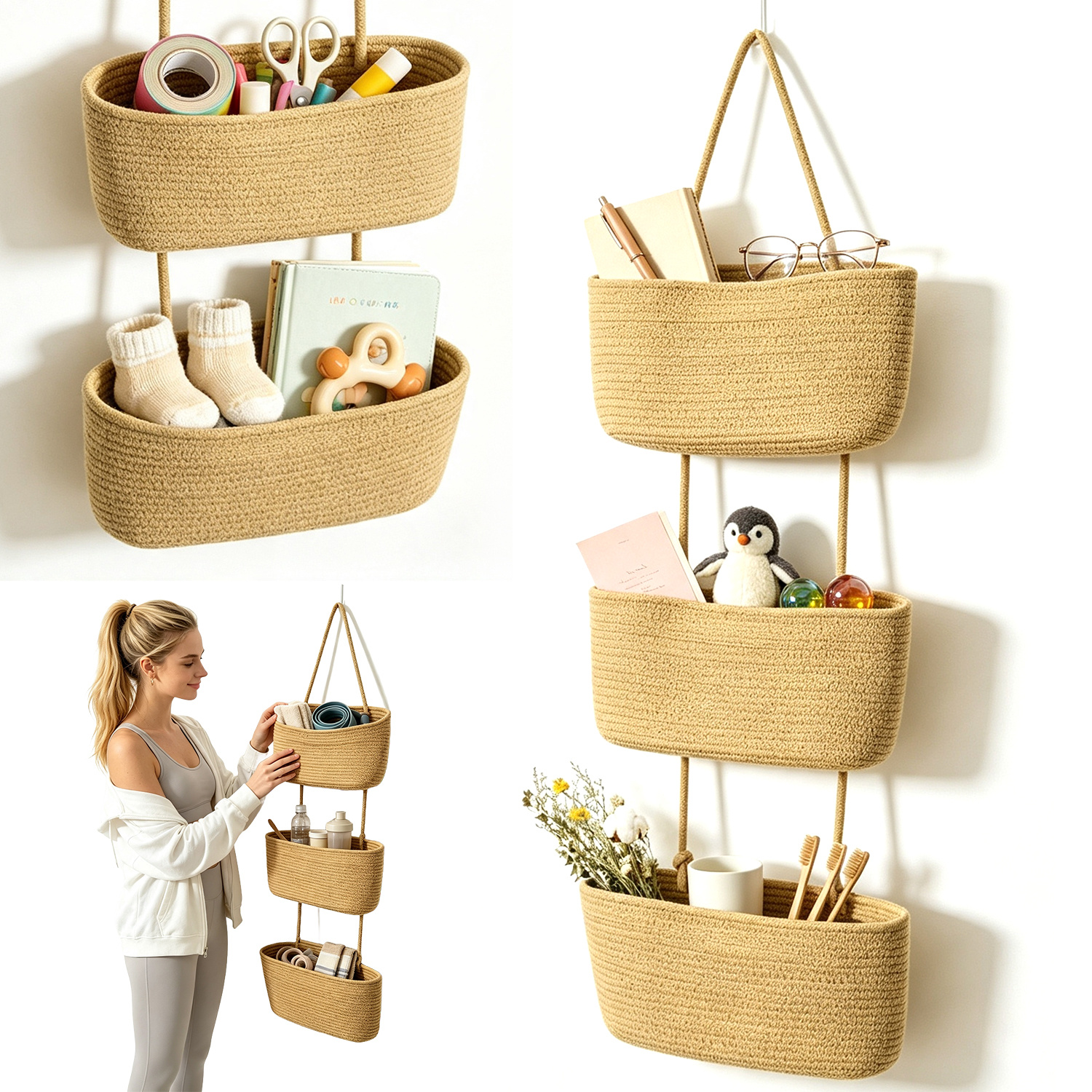 1set Three-layer Wall-mounted Storage Basket Space, And Storage Bag With Hook Is Very Suitable For Bathroom, Bedroom, Nursery And Office., Shelf Baskets