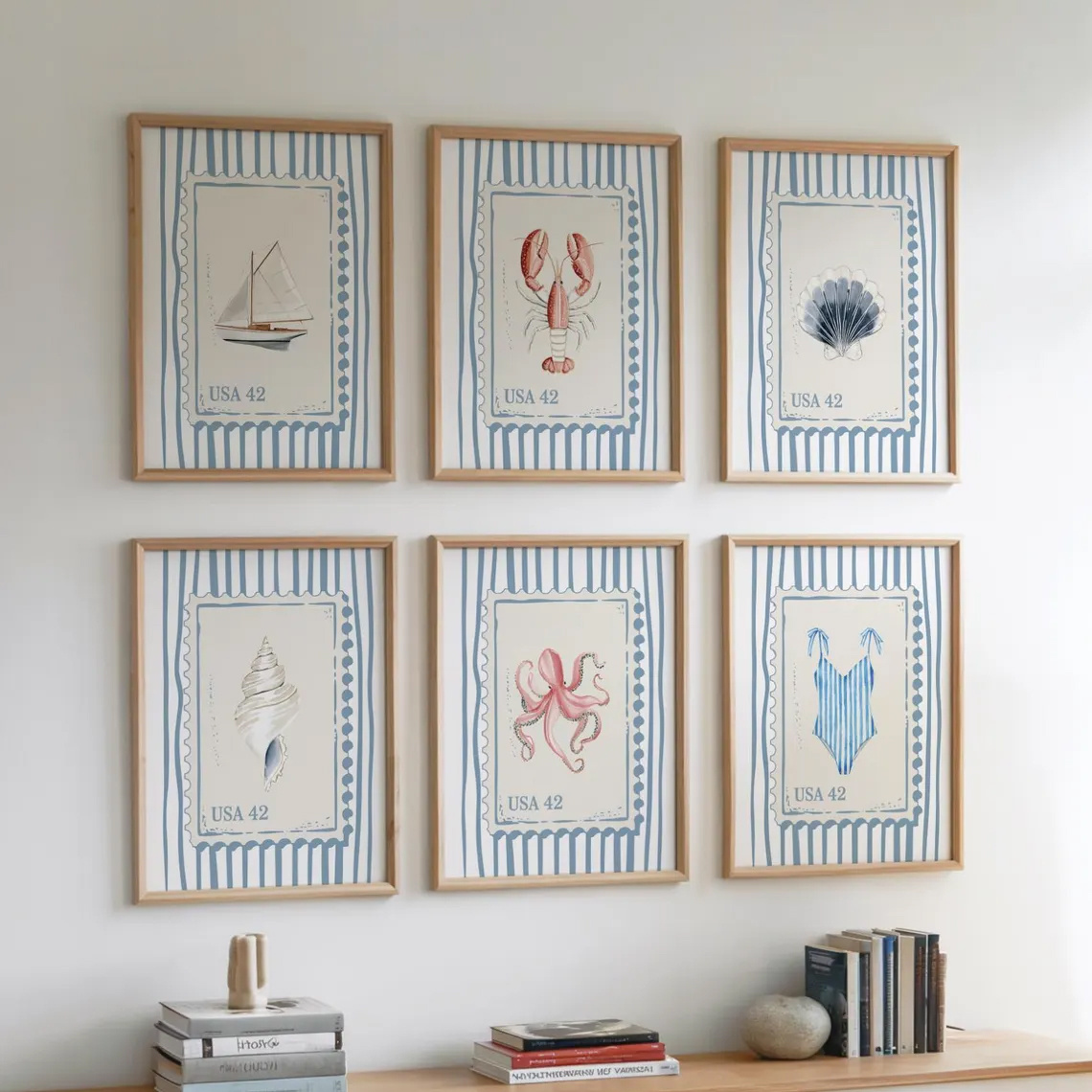 TEMU Juego de 6 Piezas, de Pared, Póster Vintage, Impresión Artística de Sello de Playa Azul, Pintura en de con , Langosta B'k y Pescador, Decoración