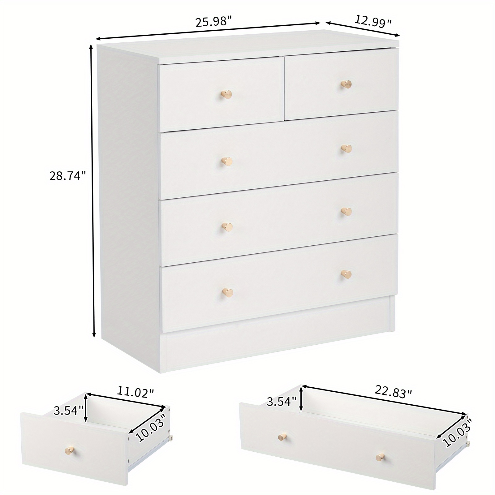 E-shop Kommode mit 4/5 Schubladen für Schlafzimmer, moderne Kommode mit mattgoldenen Griffen, Holz, Flur und Eingangsbereich, Home Office,
