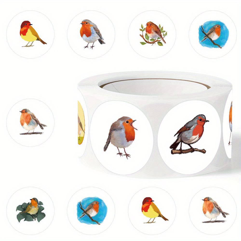 Image of 500pcs Of Robin Stickers Featuring The Eurasian Robin, A . Round Self-adhesive Labels A Roll, Measuring 1 Inch, And 10 Different Designs. Perfect For Decorating Mobile Devices, School Supplies