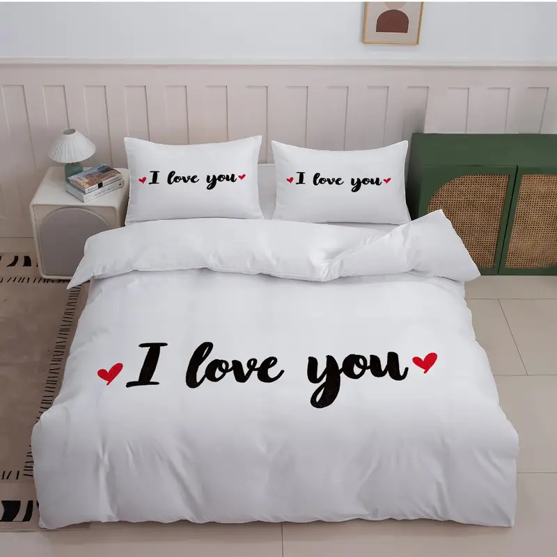 3pcs romantic white bed linen set featuring i love 1 duvet cover 2 pillowcases excluding insert ideal for couples and valentines day Product details 3