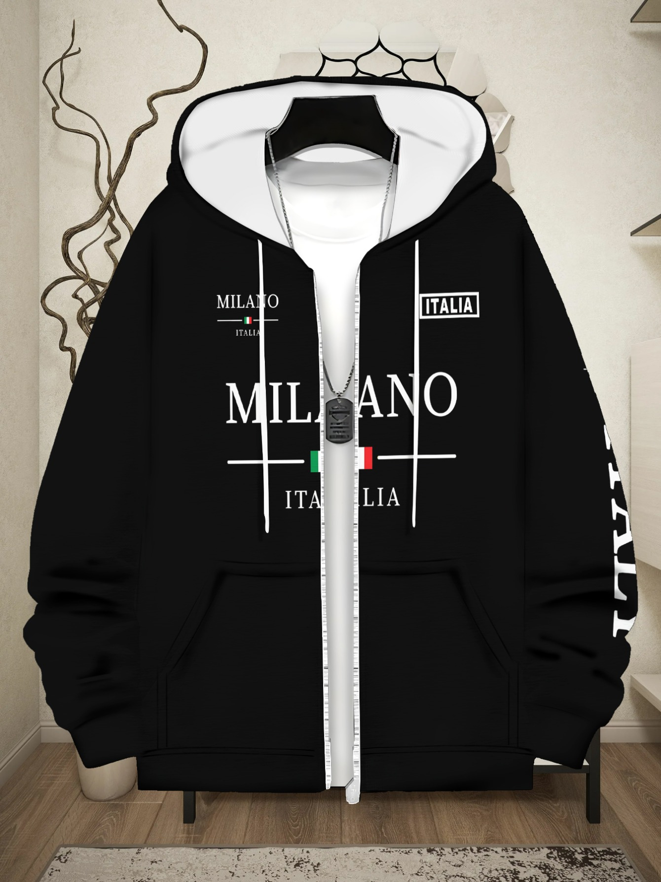 Hoodie for Living Room Wear | Black Color, Durable and Lightweight, Featuring Green Stripe Design on Sleeve, Ideal for Casual Home Use and Daily Activities, Comfortable Fit for Men and Women, Regular Fit, Zip Up Closure