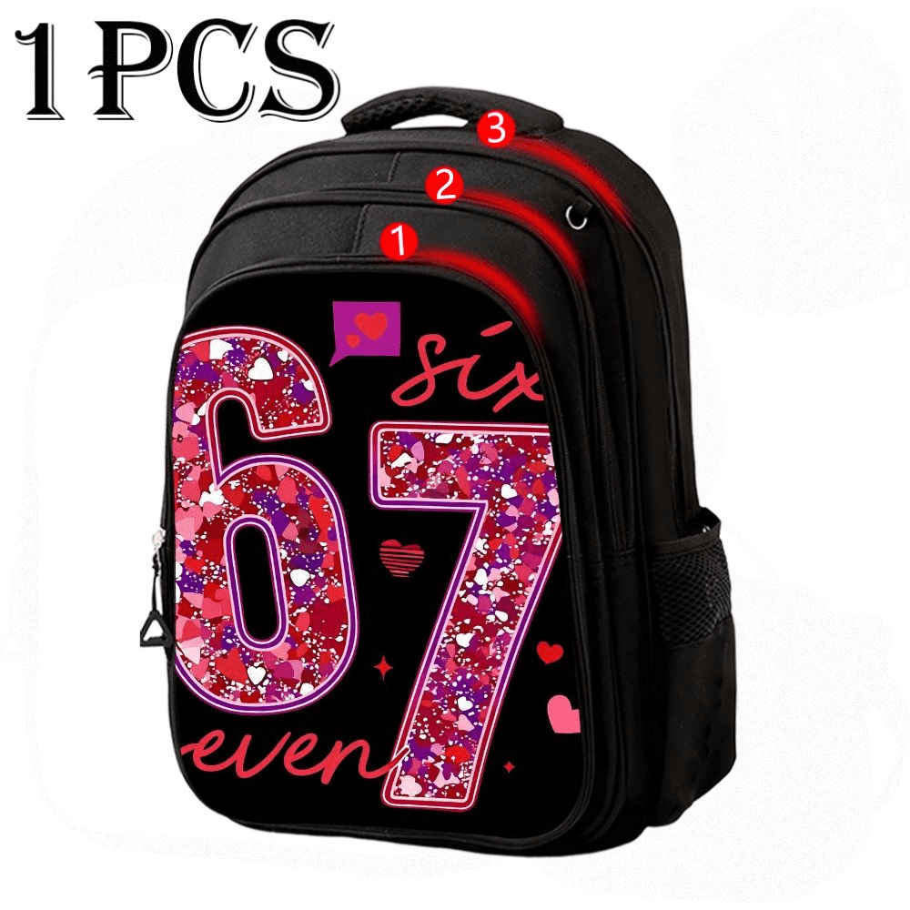 TEMU 1/3pcs Large Capacity Backpack Bundle With Matching Crossbody Carrier & Accessory Pouch - Neon 67 Heart Glitter Bookbag, Adjustable Straps,