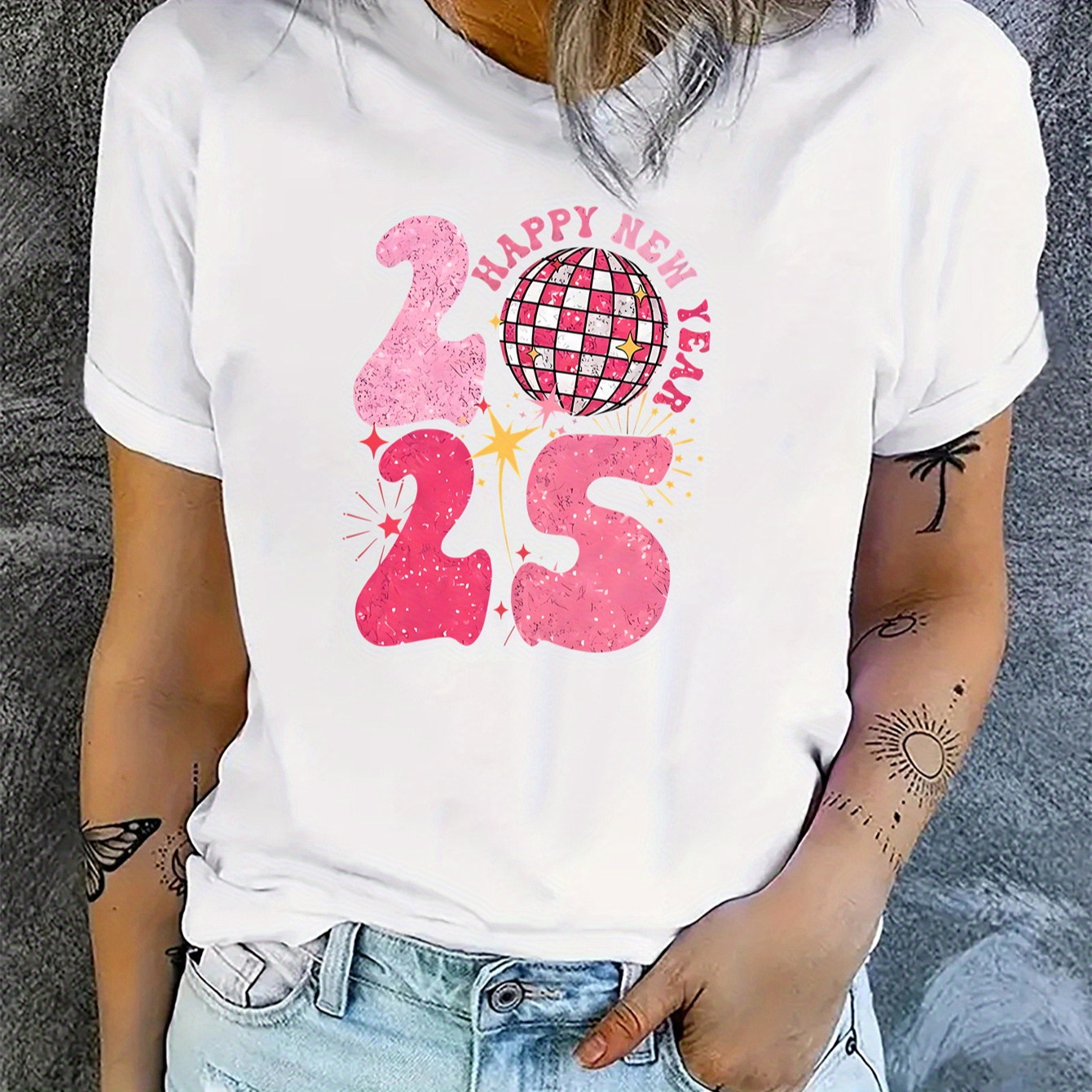 

2025 New Year's Celebration Women' T-shirt - Casual & Sporty, Crew Neck, Stretch Fabric, Machine Washable