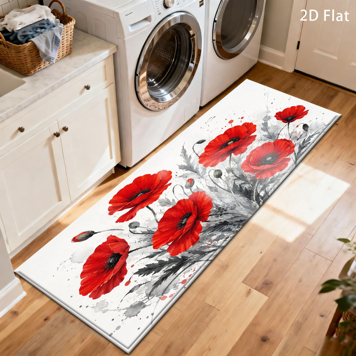 TEMU Tapis long plat 2D 1pc pour cuisine, motif aquarelle coquelicot rouge, décoration intérieure canapé chambre de nuit table de chevet, convient
