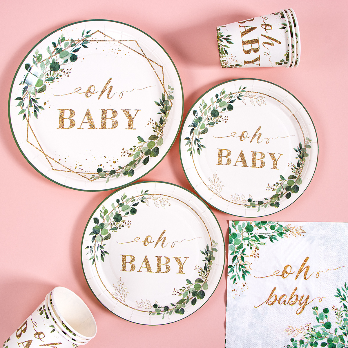 набор одноразовой посуды plant ohbaby, 74 предмета: 25 тарелок по 9 дюймов, 25 стаканов и 24 салфетки. подходит для дней рождения, фестивалей, свадеб, садовых вечеринок, праздников, украшения стола, сезонных торжеств.