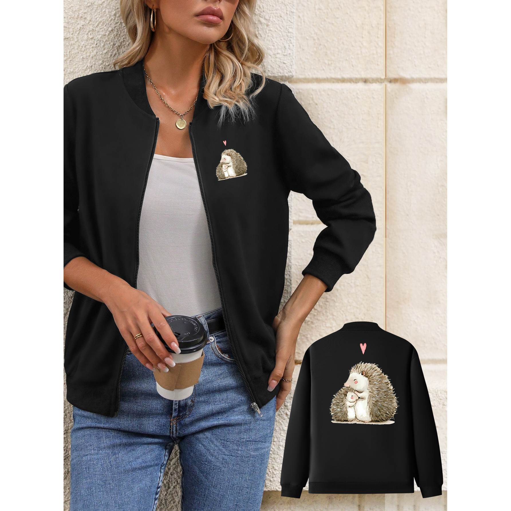 

1pc Women's Casual Polyester Hedgehog Print Jacket With Pockets, Long Sleeve Stand Collar Zip-up Knit Fabric Outerwear For All