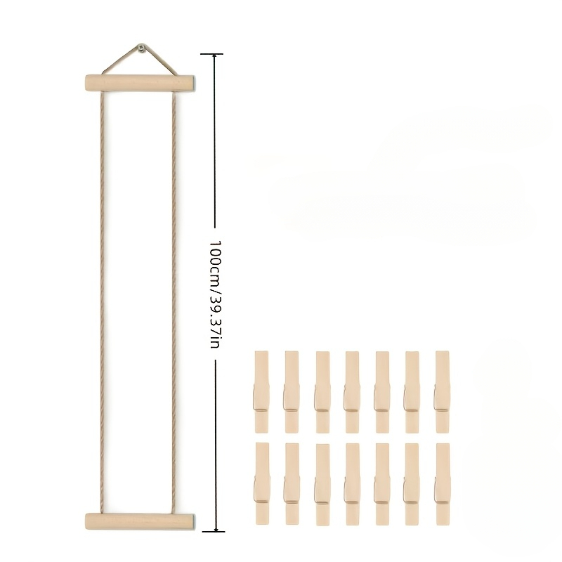TEMU El juego : un colgante de madera + 15 pinzas de madera para fotos. Cuerda para colgar fotos en la pared de madera natural con pinzas de madera,