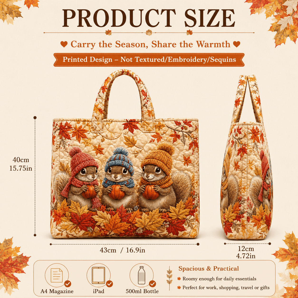 TEMU Grand sac fourre-tout matelassé pour femme, adapté à - Sac à bandoulière large avec imprimé écureuil, citrouille et feuille d'érable, sac à main