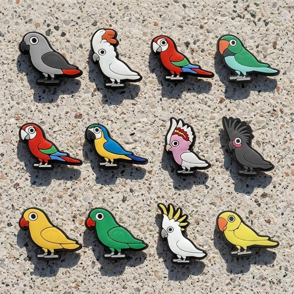 TEMU Lot de 12 breloques de chaussures série Perroquet en PVC de haute qualité - Cadeaux sur le thème des oiseaux ; Convient pour sabots, claquettes,