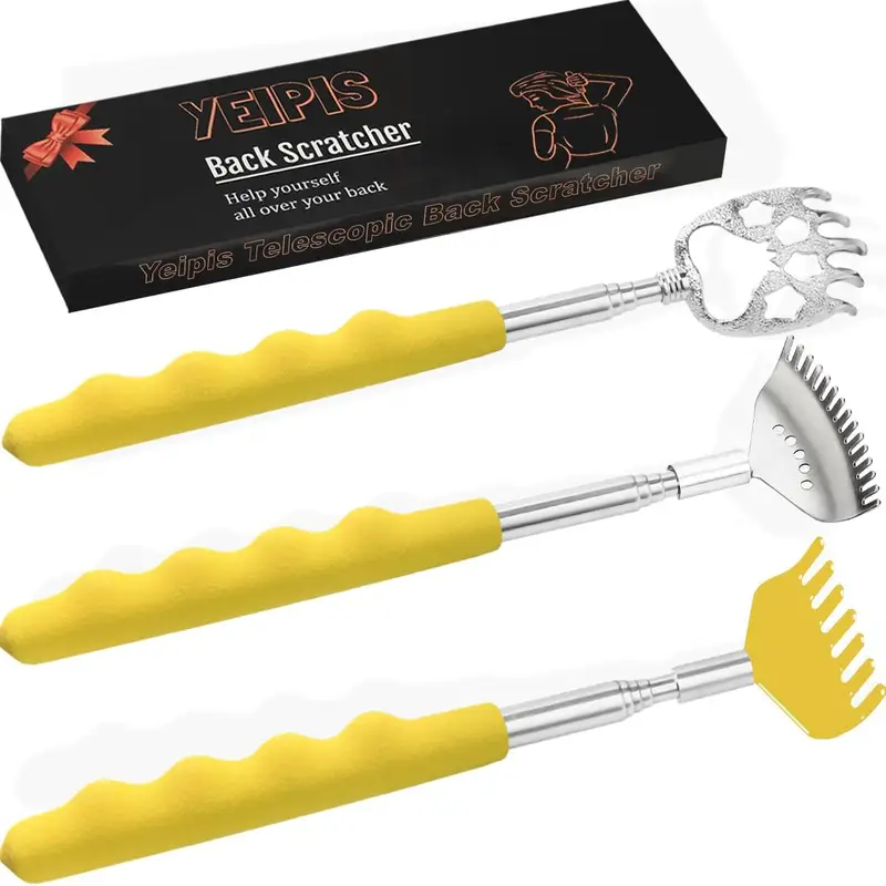 3 pack different back scratcher, extendable manual back massager tool metal portable telescoping back scratchers with beautiful box gifts for men women kids adults( yellow), back scratching tool, unbreakable back scratcher, comb for back scratching, silly back scratcher, adjustable back scratcher Product details 0