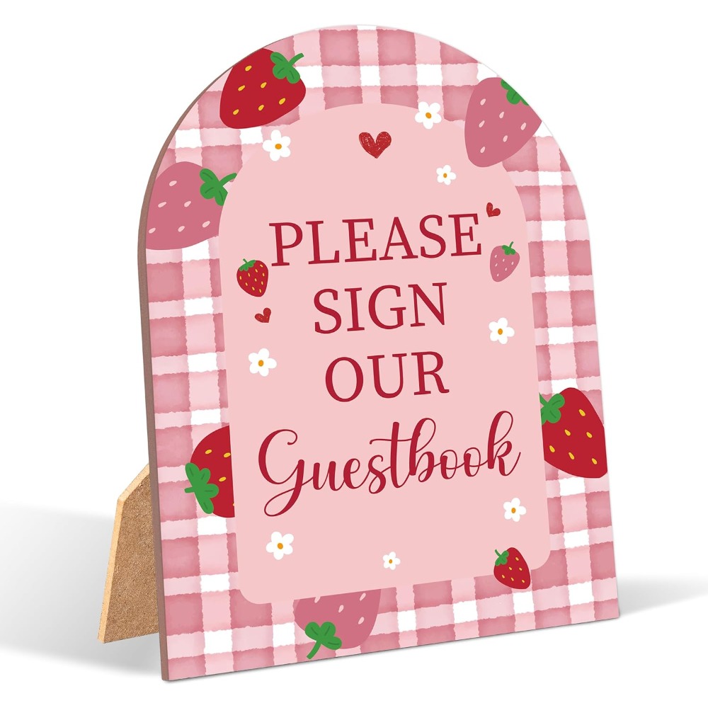 TEMU 1pc Strawberry-themed Guestbook Sign For A Baby Shower, Measuring 6x8 Inches, Made Of With A Stand, A Berry-themed Baby Shower Table Decoration,