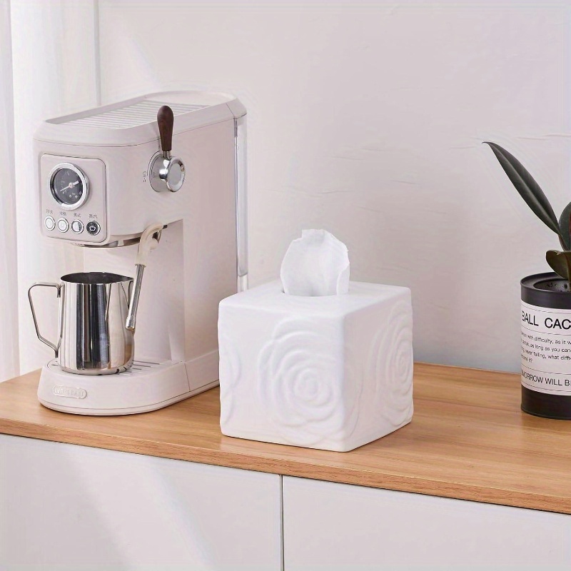 1pc elegant white ceramic tissue box holder with carved lid - large square/rectangular design, decorative lid & sturdy base for bathroom, vanity, kitchen, office - decorative storage for tissues, tissues not included - modern & traditional decor - compatible with cylindrical boxes (compatible with tissue boxes, not tissues) - ceramic tissue box cover with carved rose detailing, decorative tissue box holder, tissue holder bathroom, tissue box with storage, Product details 2