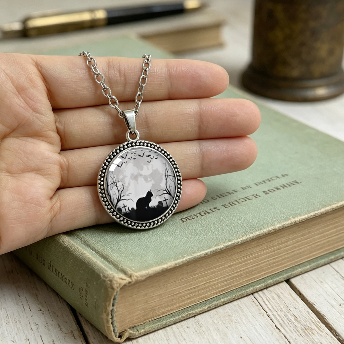 Gothic Graveyard Pendant Necklace with Black Cat & Raven Print