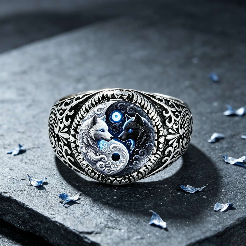 TEMU Vintage Distressed Carved Ring, Yin Yang Wild Dual Wolves Men's Ring Face, Suitable For Daily Wear And Gifting