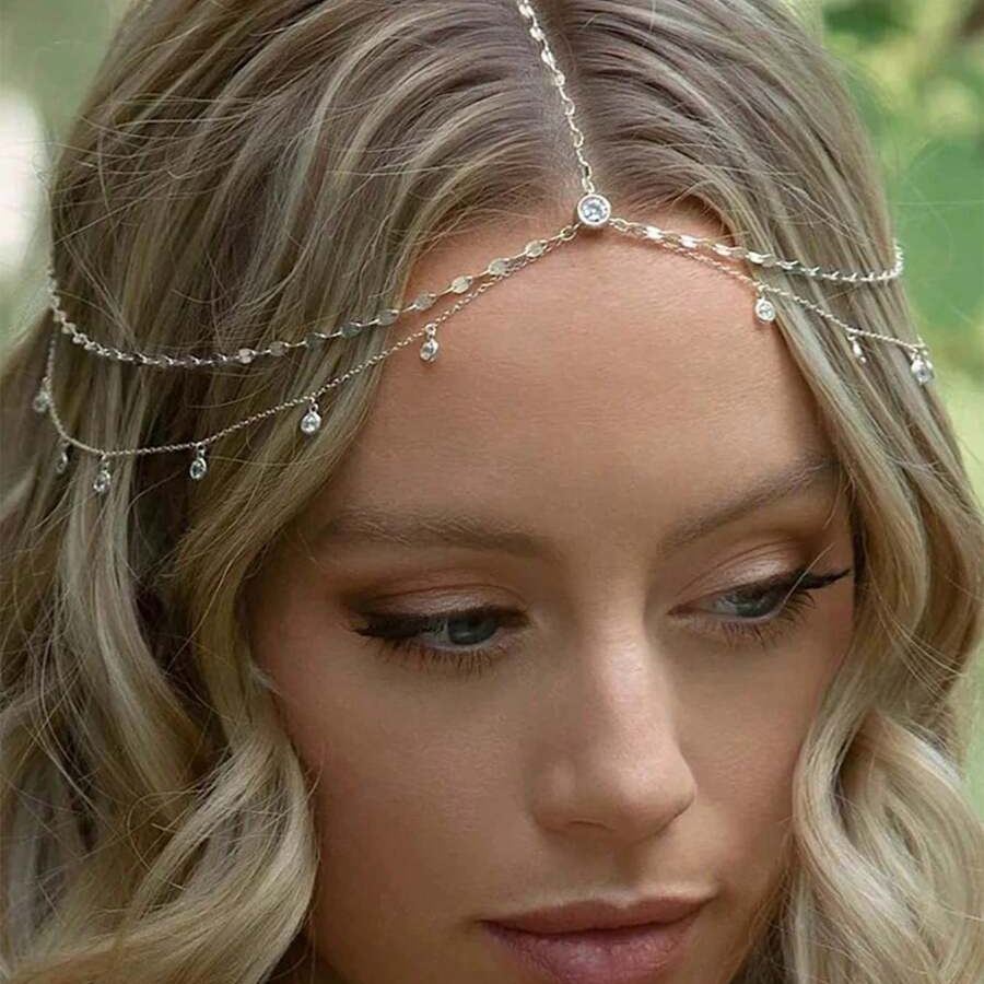 Image of 1pc Fashionable Bohemian Style Round Headchain, Elegant Double Layer Alloy Chain Headpiece, Suitable For Party And Daily Wear, Jewelry Gift, Bride To Be, Hair Additions For Women