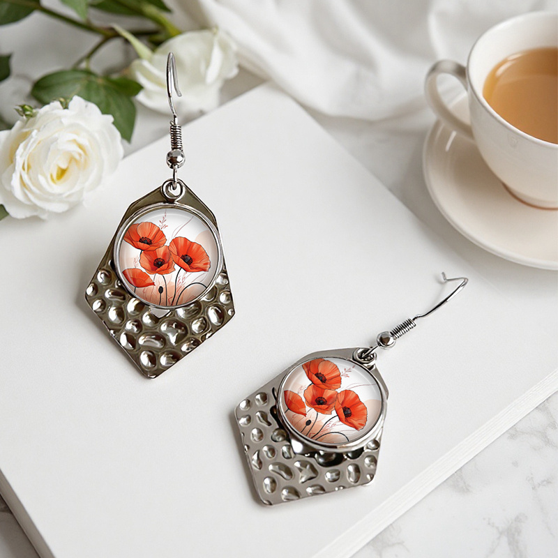 Deep Red Carnations Oval Glass Cabochon Earrings, Handmade