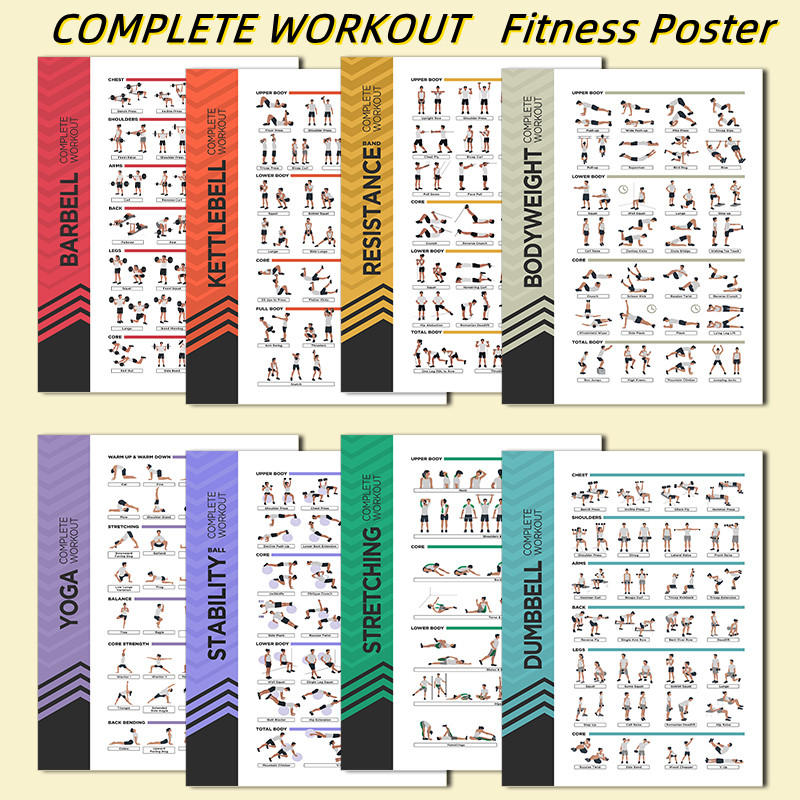 item picture set of   posters for a   featuring stretching weight training with dumbbells   balls barbells   bands and kettlebells a   workout guide ideal for gym decoration or home fitness