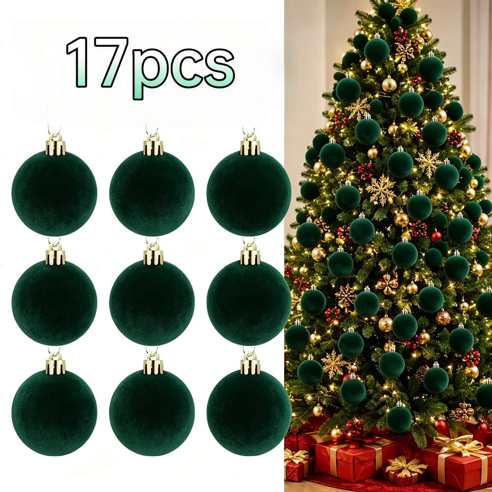 TEMU 17pcs Bohemian Suede Suitable For Christmas Baubles Ornaments - Dark Green Plastic Hanging Balls With Spherical Shape For Tree Decor,