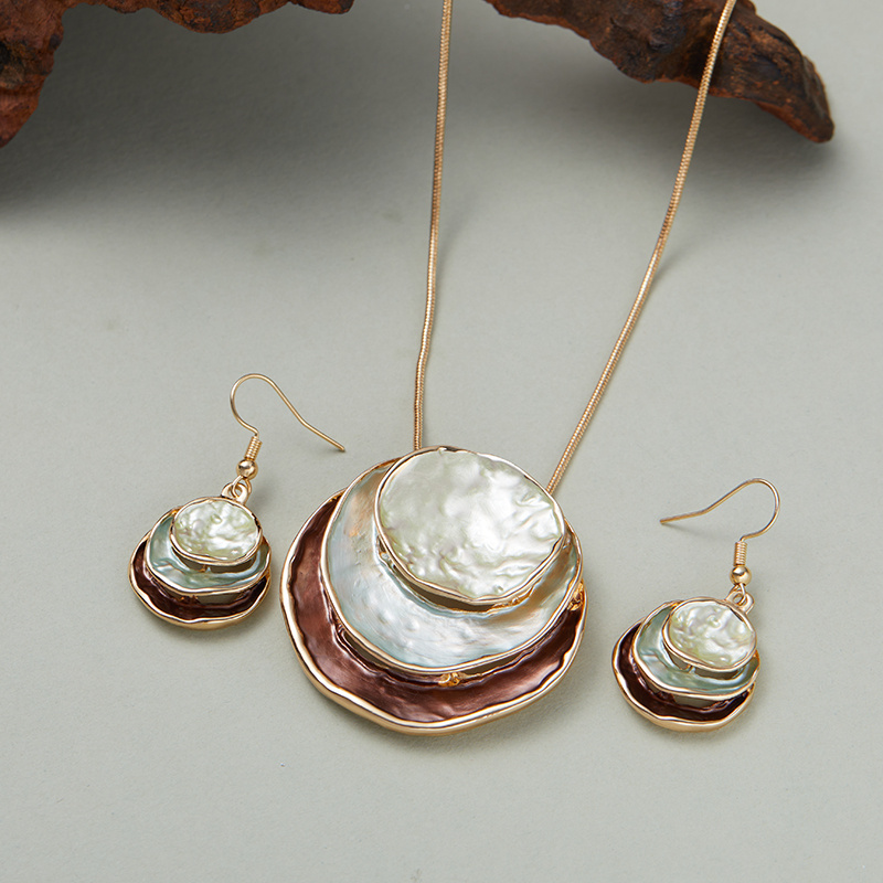 TEMU 2pcs/set Vintage Bohemian Style Multilayer Round Design Pendant Necklace Drop, Hook Earrings Jewelry Set Wedding Anniversary Gift