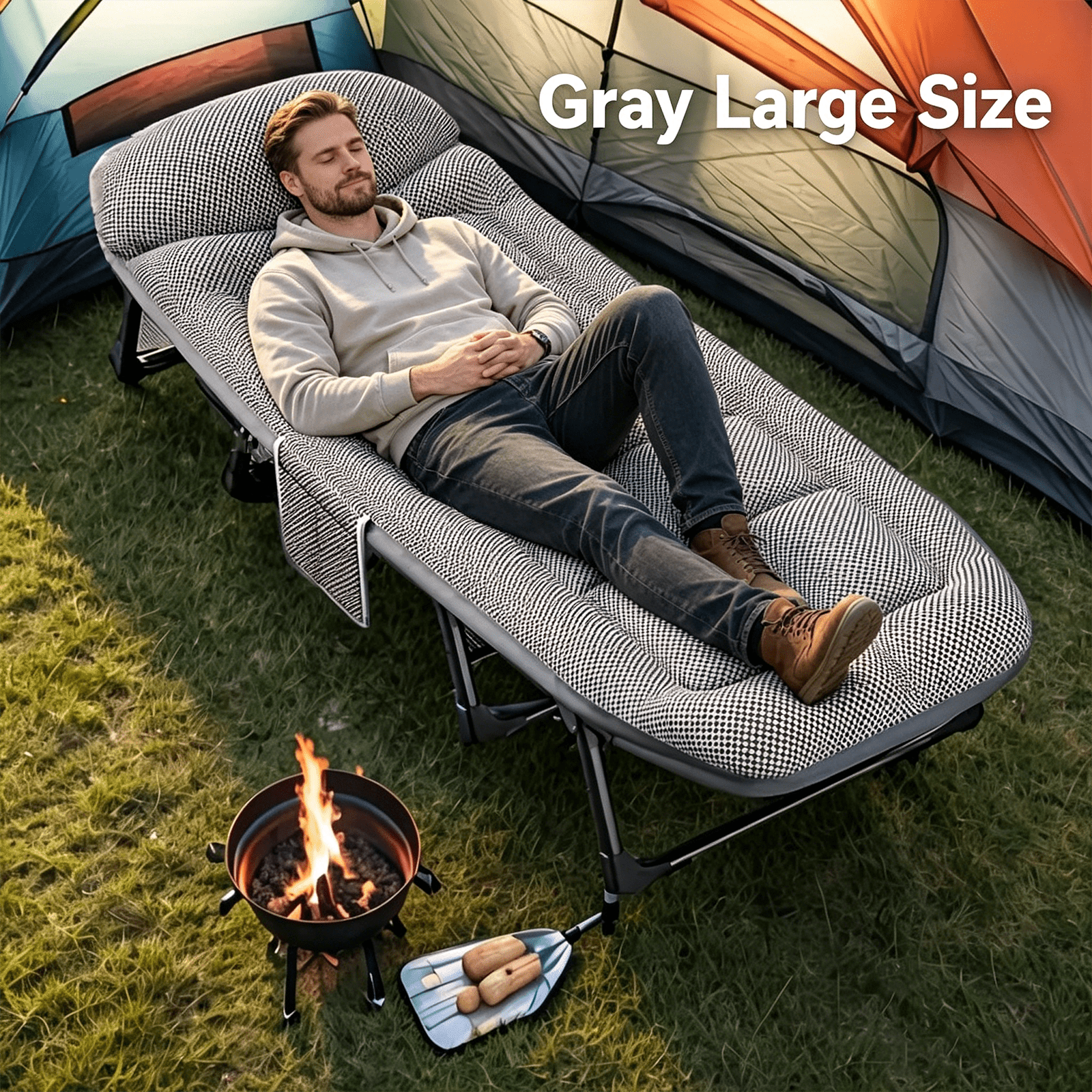 Image of 6-position Adjustable Foldable Camping Cot With Thick Mattress, Heavy Duty Portable Adult Sleeping Bed With Side Pocket For Indoor And Outdoor Use
