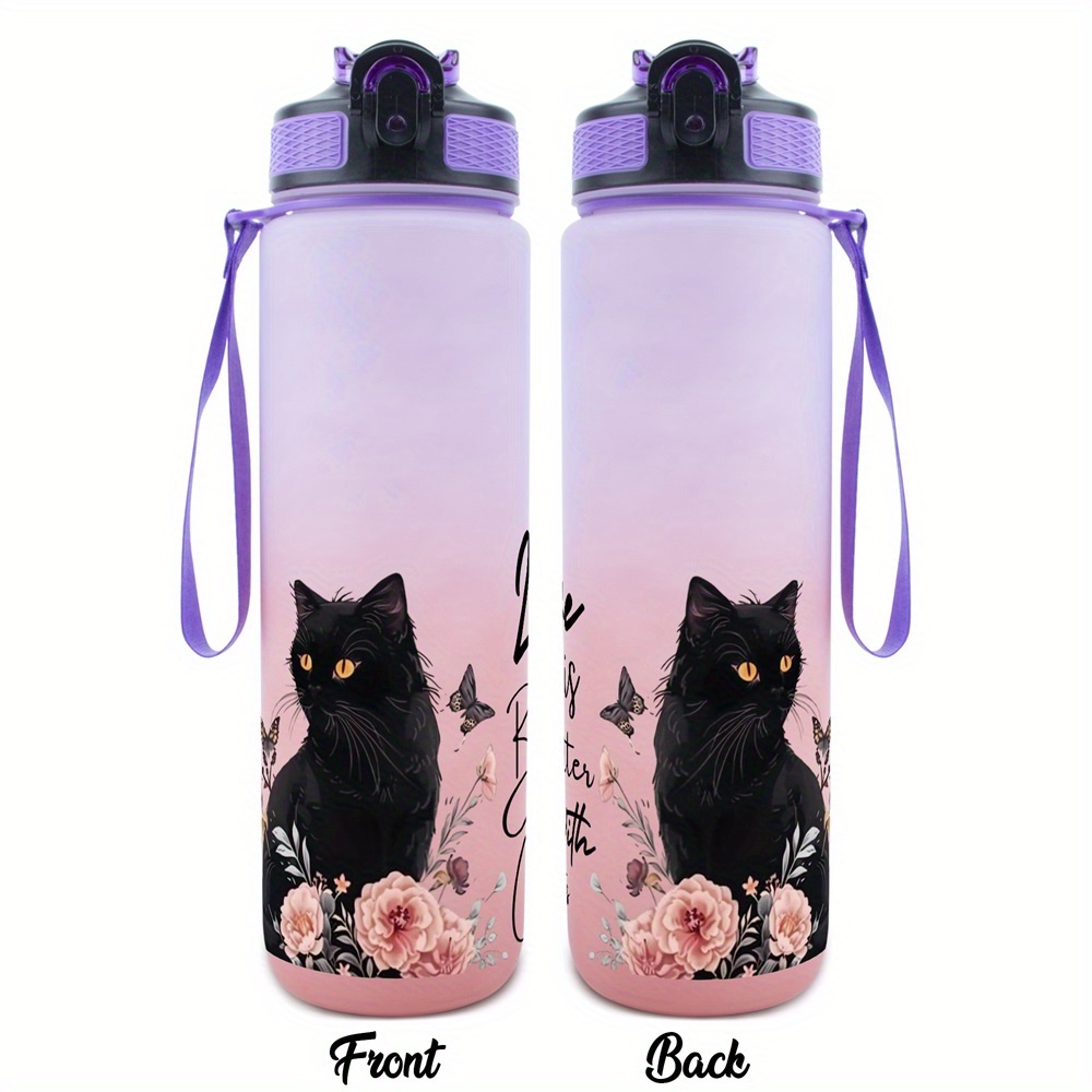 Image of 1pc 32oz Sports Water Bottle, Better With Cats Floral Black Water Bottle, Suitable For Sports, Fitness, Outdoor Travel, Time Marker Outdoor Durable Large Capacity Hiking Water Bottle