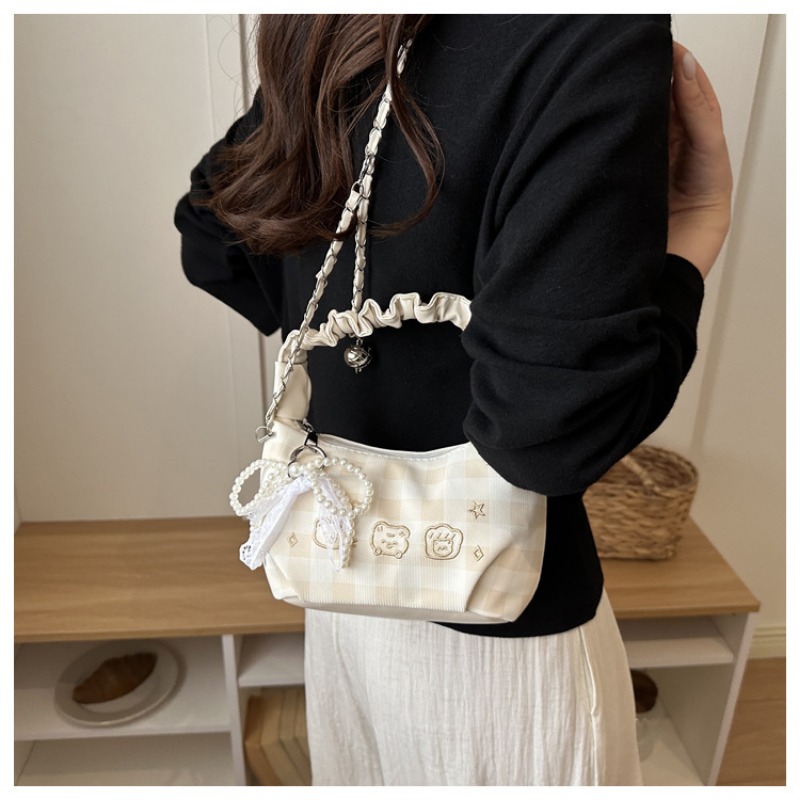 Plaid Ruched Handle Hobo Bag With Pearl Bow And Chain Shoulder Bag_voghion.com