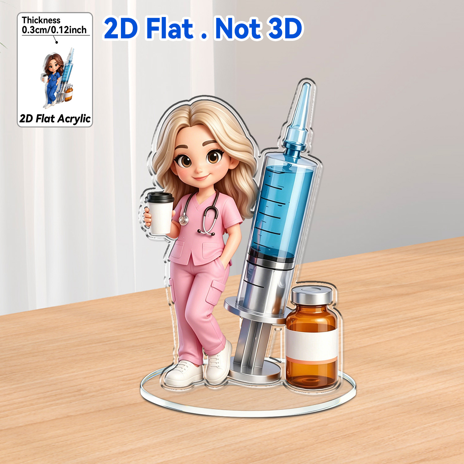 TEMU 2d Flat, 2d Acrylic Desktop Stand Decoration Featuring A 2d Image Of A Doctor, Nurse, Stethoscope, And Coffee, With A Medical And Health Theme.