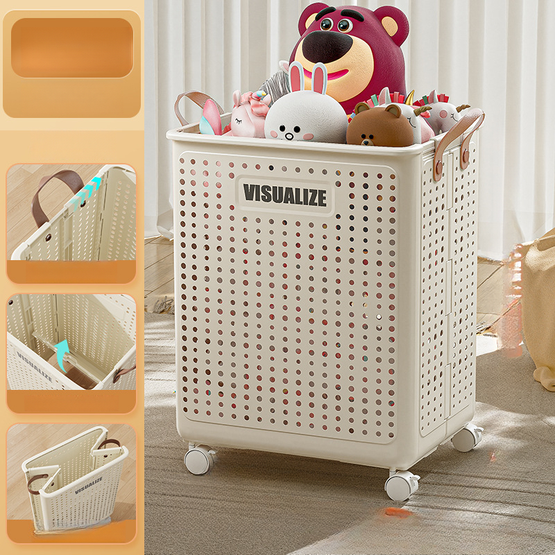 1pc   foldable laundry basket with wheels plastic dirty clothes hamper for home use multi purpose storage organizer shelf baskets details 3