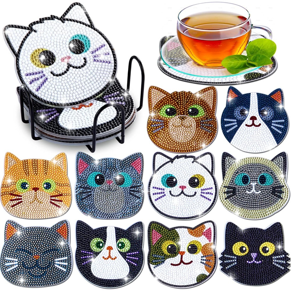 TEMU 10pcs Arts And Crafts Diy Kits For Adults Gift For Valentine's Day, Diamond Painting Coasters Set - Cat Theme Coasters Painting Kits And Adult