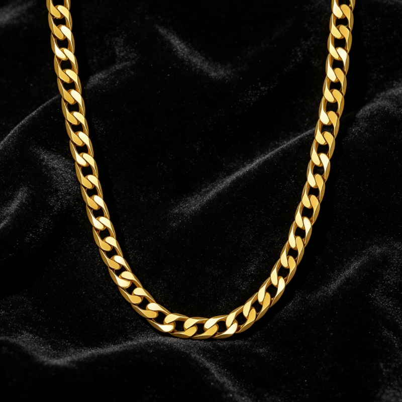 Image of 925 Golden Cuban Link Chain Necklace For Men, Smooth Flat Interlocking Link Neck Jewelry, Gift For Valentine's Day Father's Day Christmas Birthday Anniversary Thanksgiving New Year, With Gift Box