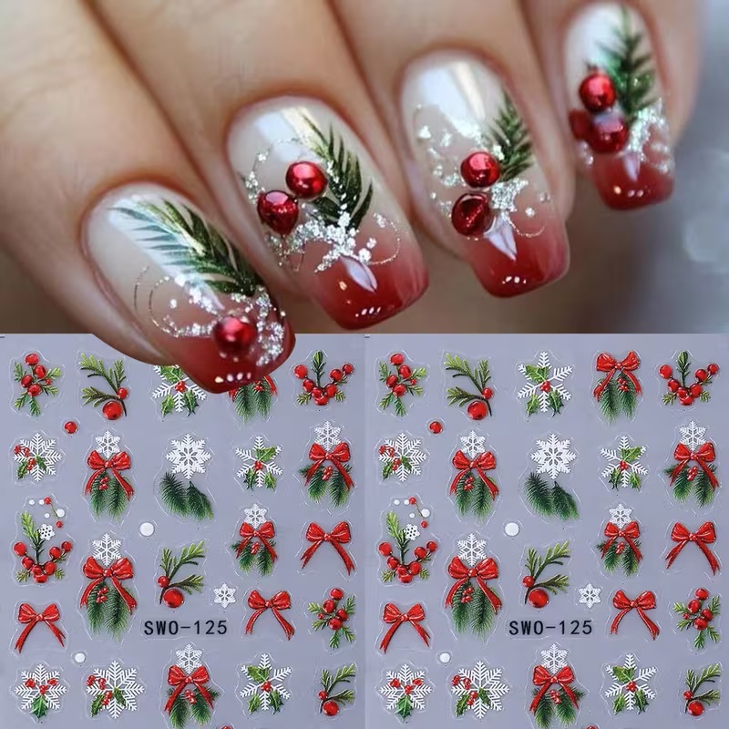 Image of 2pcs Red Bow Ribbon Holly Snowflake Santa Claus Christmas Winter Nail Stickers