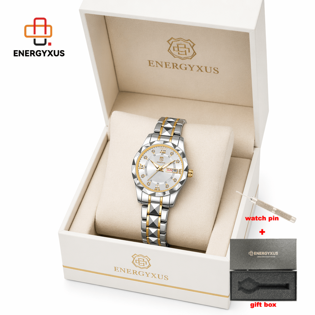 TEMU Couple Watches Fashion Diamond Golden And Silvery Wristwatches Stainless Steel Watch Men Women Watch With Gift Box