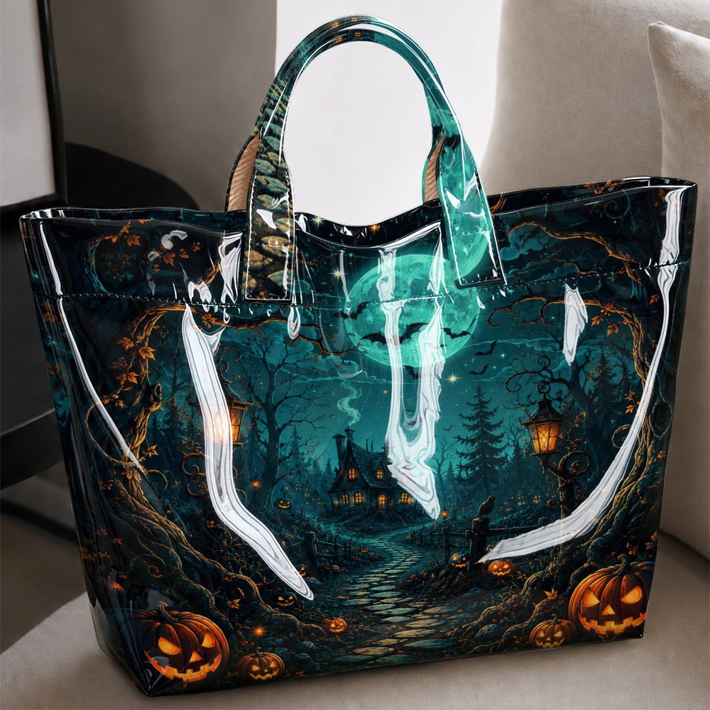 Image of Halloween Forest Haunted House Print Tote Bag - Style; A Spacious, Shopper Bag Suitable For Halloween Events, Themed Parties, Daily Commuting, And Casual
