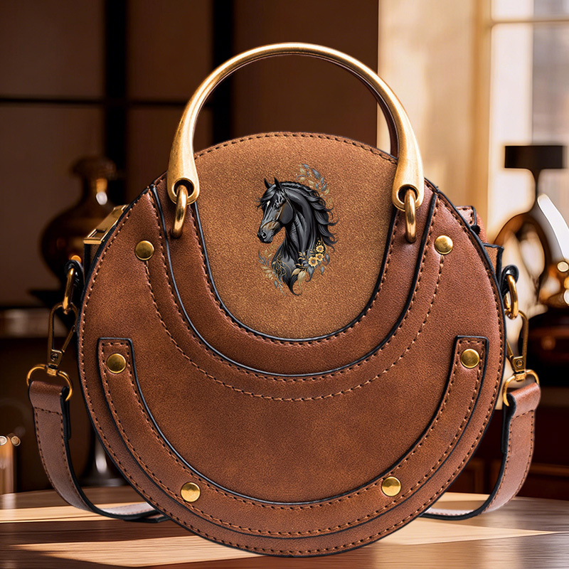 TEMU 1pc Vintage Horse Pattern Round Crossbody Bag, Fashionable Top Handle Satchel, Stylish Shoulder Purse For Women