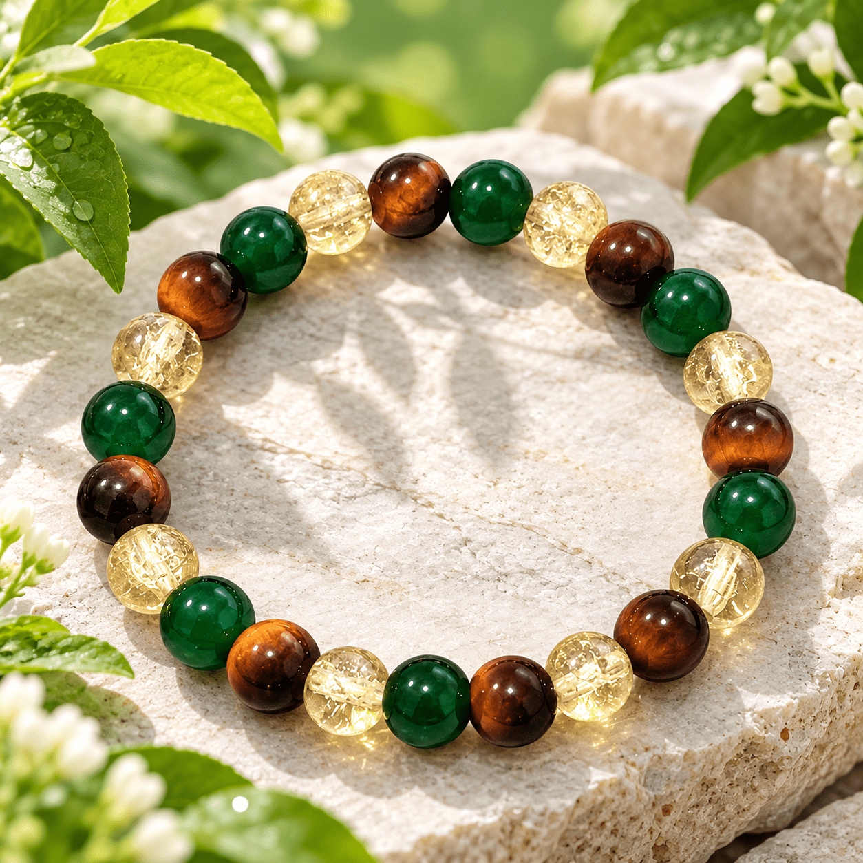 2pc Tiger Eye & Green Agate Stretch Bracelet Set