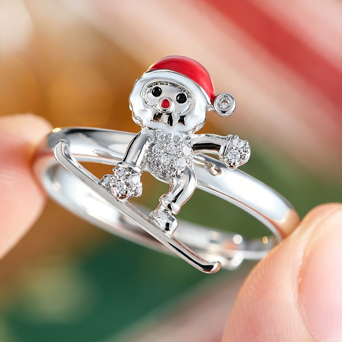 Women's Ski Santa Claus Open Ring with Zirconia