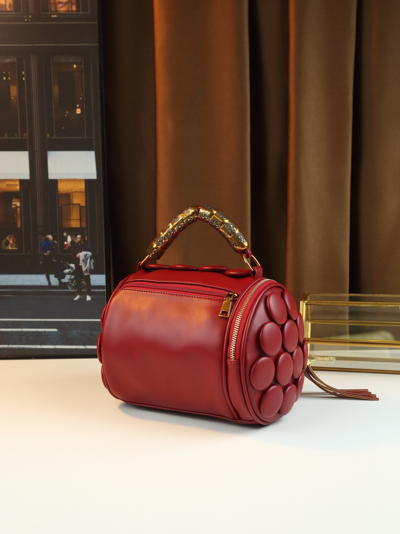 Red Vintage Boston Pillow Bag base detail